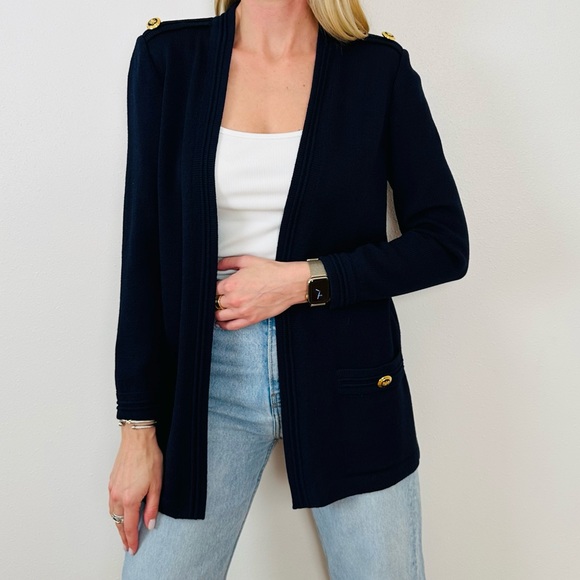 St John Open Front Cardigan Sweater Navy Knit Gold Buttons - Picture 3 of 10